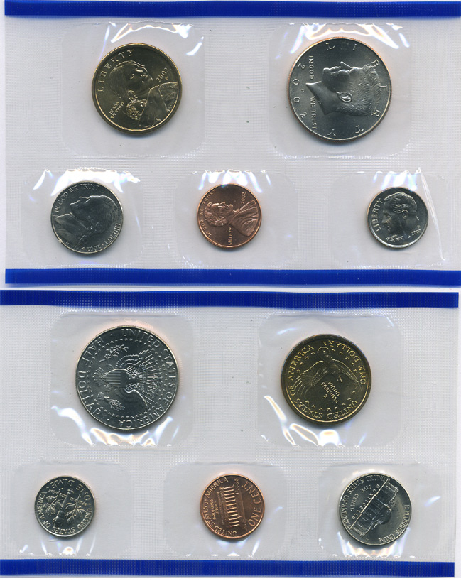 США ДВА НАБОРА В ОДНОМ 2002 ДВА ОФИЦИАЛЬНЫХ НАБОРА В ЦЕЛОФАНОВОЙ ЗАПАЙКЕ, БУКВА Р, ГОДОВОЙ НАБОР И ПЯТЬ КВОТЕРОВ, ШТАТ МИССИСИПИ, ЛУИЗИАНА, ОГАЙО, ТЕННЕСИ, ИНДИАНА, В КОНВЕРТЕ С СЕРТИФИКАТОМ, В КОНВЕРТЕ, ФИЛАДЕЛЬФИЯ UNC 3-4-2-01