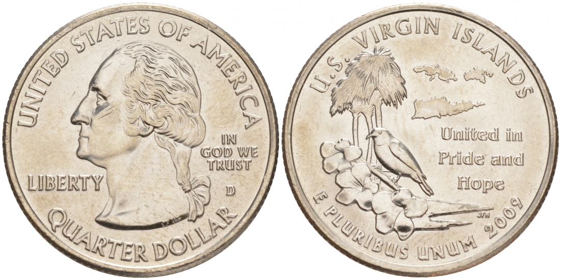 США 25 центов = квотер 2009 D, серия штаты США, Виргинские Острова KM 449 медь плакированная медно-никелем UNC M32-19