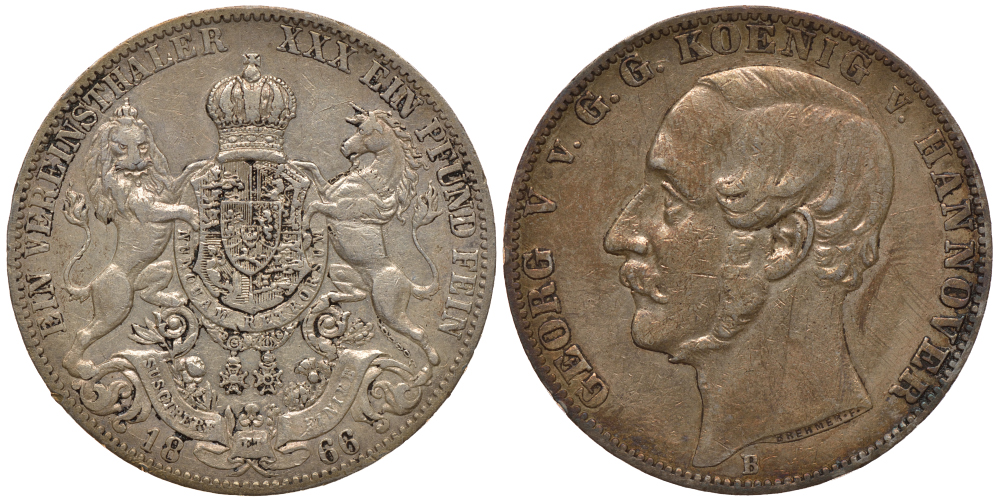 Брауншвейг-Каленберг-Ганновер 1 талер 1866 В, Георг V (1851-1866) КМ 230, AKS 144, Dav. 682, Kahnt 239, Thun 174 серебро 00-1067-9-54
