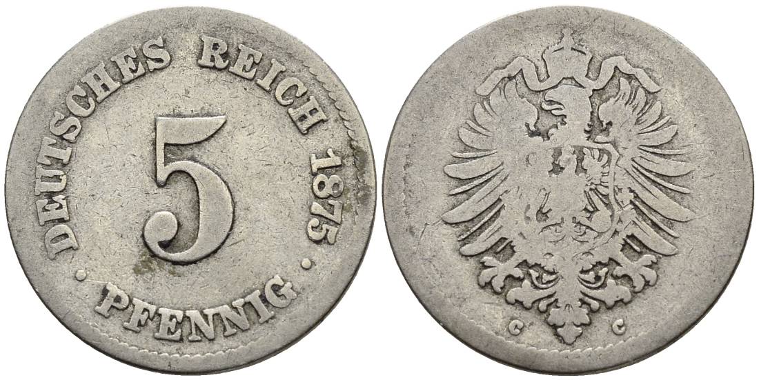 Германия 5 пфеннигов 1875 C, старогербовка KM 3, Jager 3, Weege 5 медно-никель 4546-1032