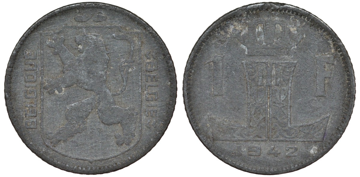 Бельгия 1 франк 1942 Леопольд III, Belgique-Belgie KM 127 цинк 4163-142