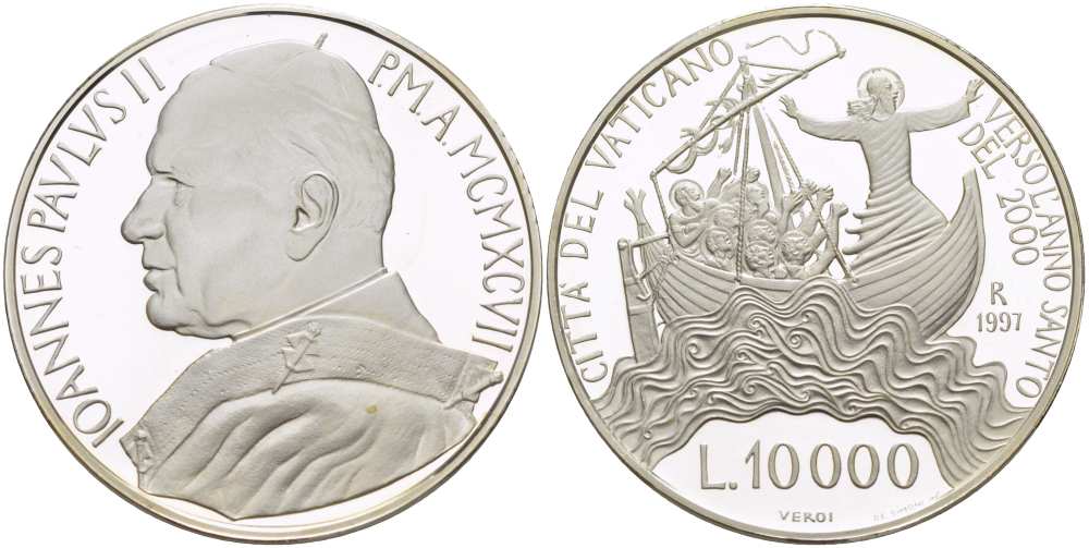 Ватикан 10000 лир 1997 Иоанн Павел II (1978-2005), успокоение Христом шторма на море KM 319 серебро  PROOF  1085-6-51