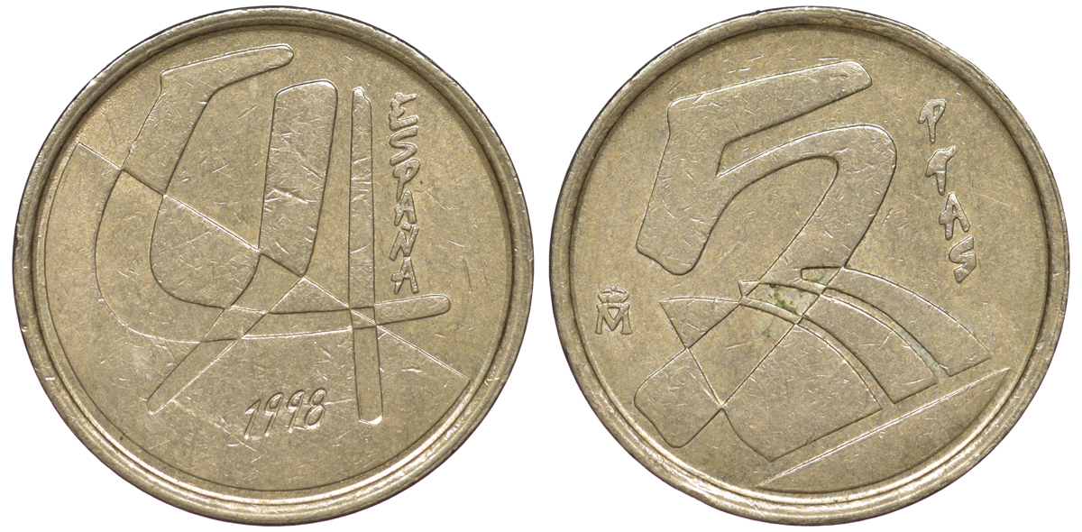 ИСПАНИЯ 5 ПЕСЕТ 1998 ХУАН КАРЛОС I (1975-) KM 833 алюминиевая бронза 45-1157