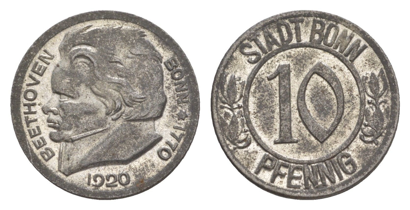 Бонн 10 пфеннигов 1920 Бетховен Funck 51.1A, Men05 3220.1, Men18 4134.1 железо 4636-912