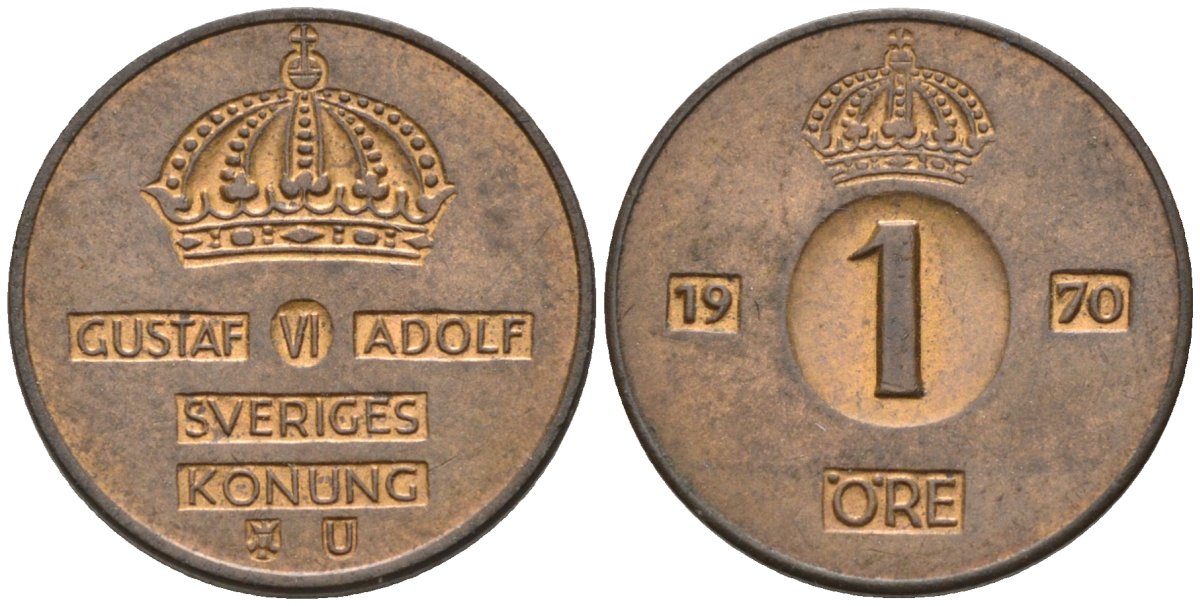 Швеция 1 эре 1970 Густав VI Адольф (1950-1973) KM 820 бронза 4585-315