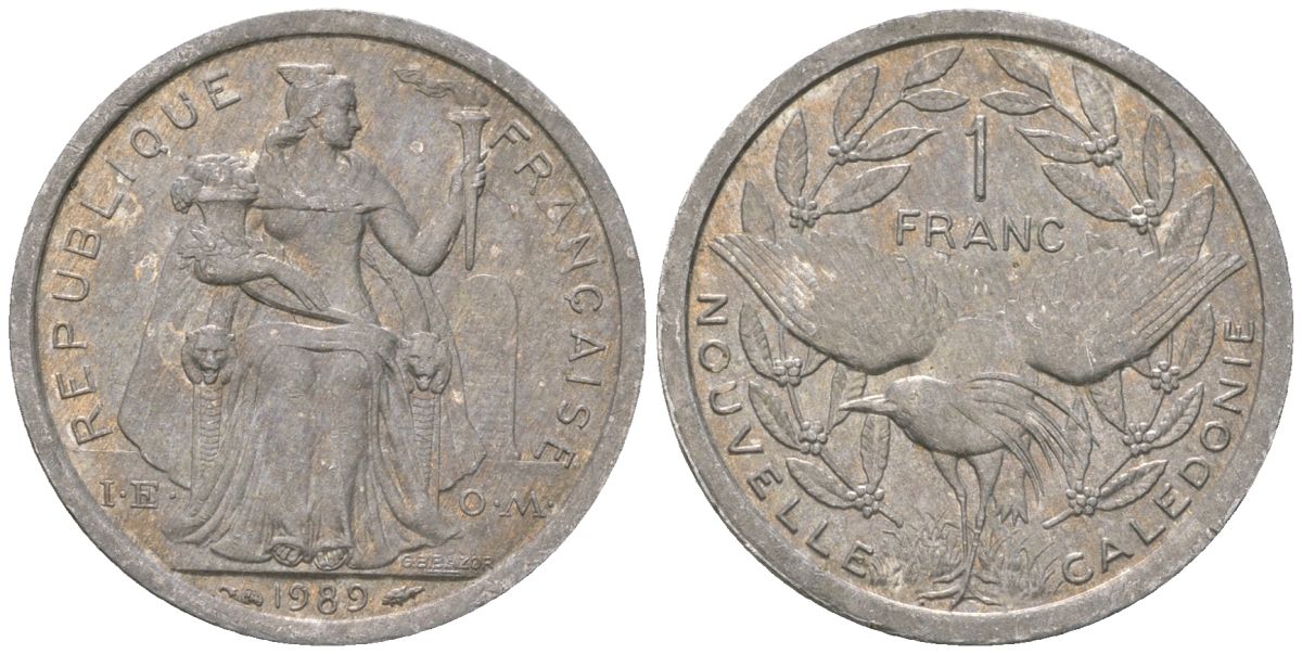 Французская Новая Каледония 1 франк 1989 птица кагу, (IEOM) KM 10, Schoen 10, Lec 49 алюминий 53-646