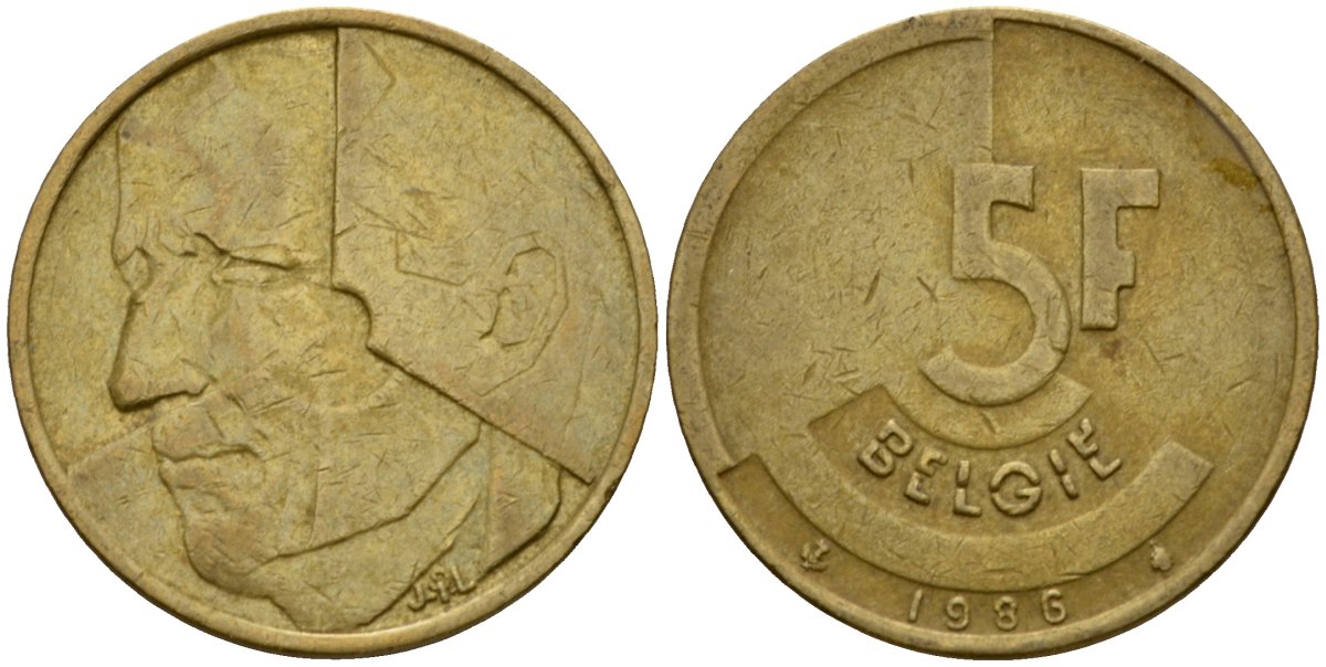 Бельгия 5 франков 1986 Belgie, Бодуэн I (1951-1993) KM 164 алюминиевая бронза 4601-237
