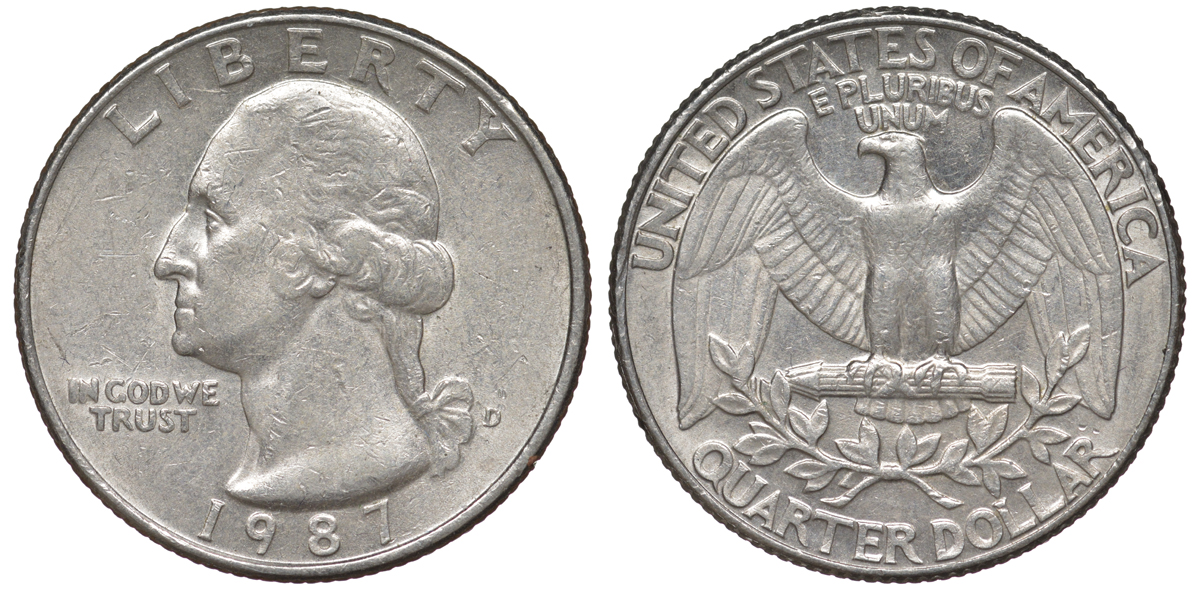 США 25 центов = квотер 1987 D, Вашингтон KM A164a медь плакированная медно-никелем 4543-942