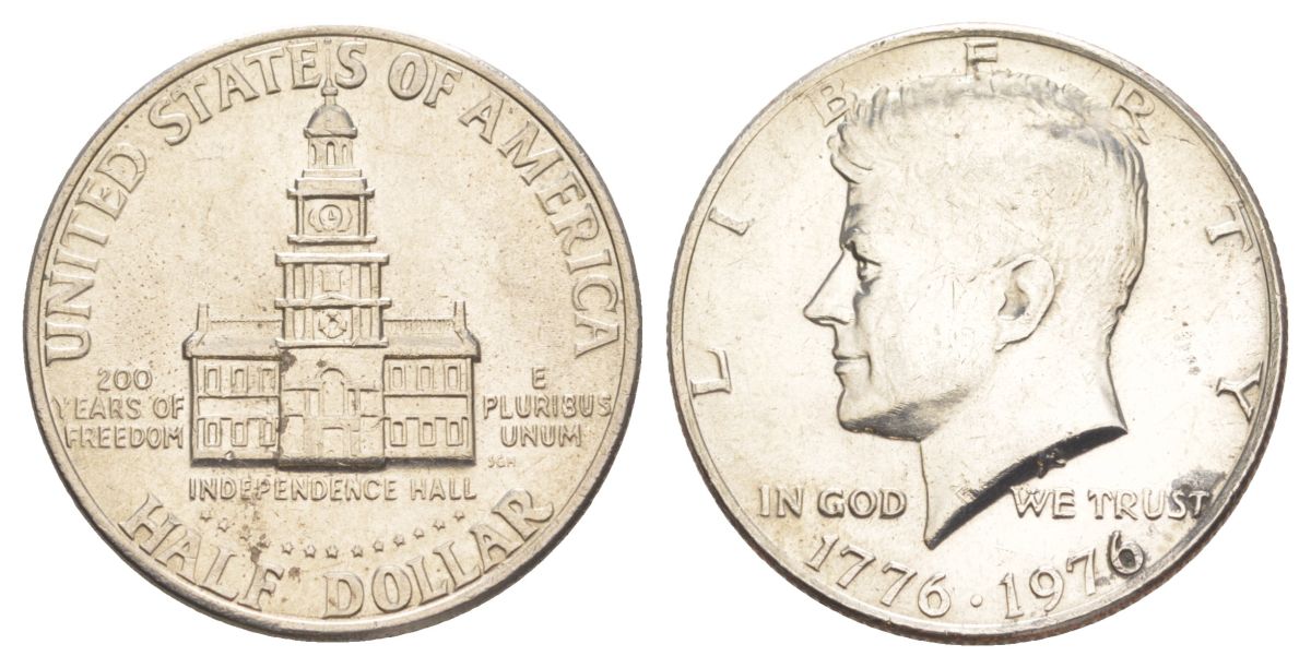США 1/2 доллара (50 центов) 1976 200 лет независимости, Джон Кеннеди KM 205 медь плакированная медно-никелем aUNC 4545-344