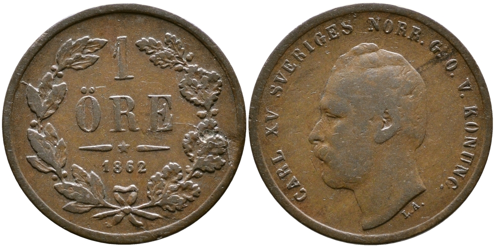 Швеция 1 эре 1862 Карл XV (1859-1872) KM 705 бронза 76-228