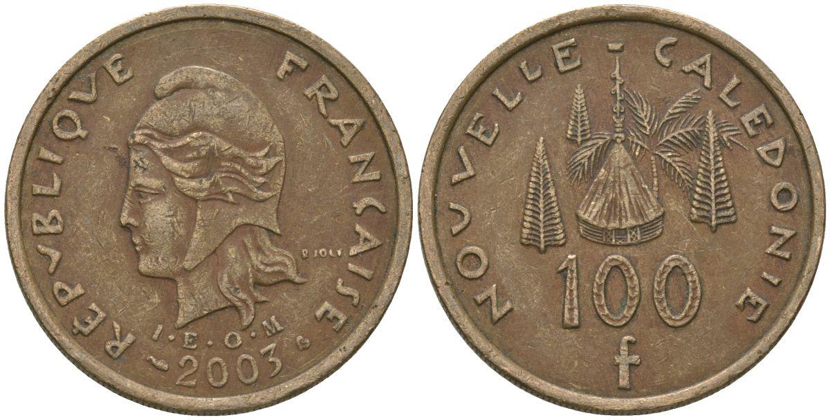 Французская Новая Каледония 100 франков 2003 хижина среди сосен и пальм, (IEOM) KM 15, Schoen 16, Lec 139g никель бронза 109-1035