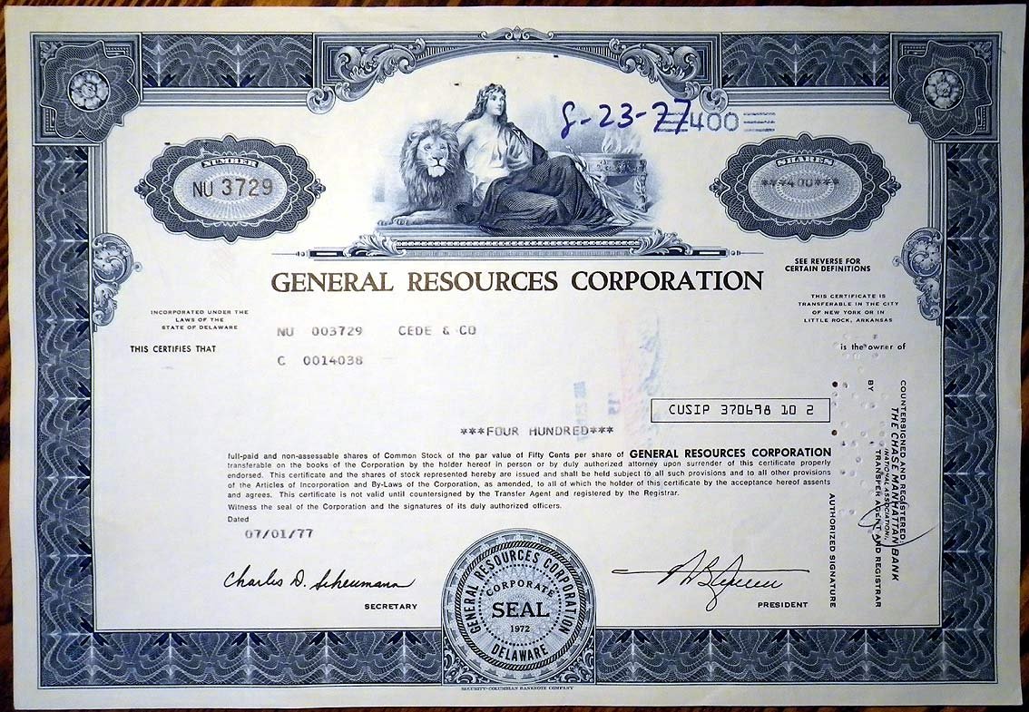 США GENERAL RESOURCES CORPORATION 1977 сертификат на 400 акций 00-00