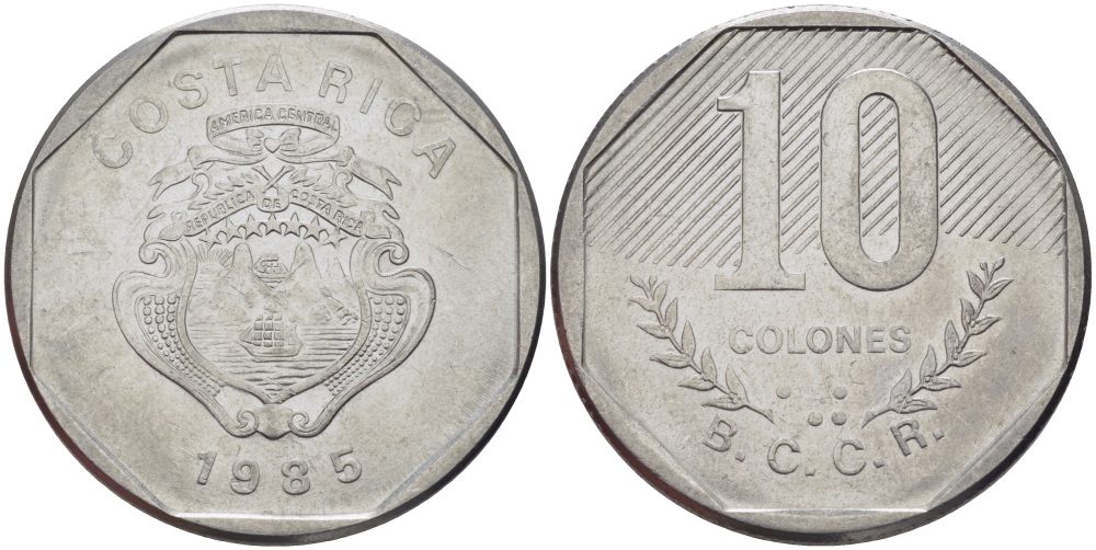 Коста-Рика 10 колонов 1985 B.C.C.R. KM 215.2 нержавеющая сталь 82-123