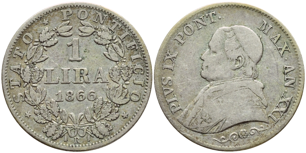 Ватикан 1 лира 1866 R, год XXI, папа Пий IX (1846-1878) , малая голова, орнамент под бюстом KM 1377.2 серебро 4390-212