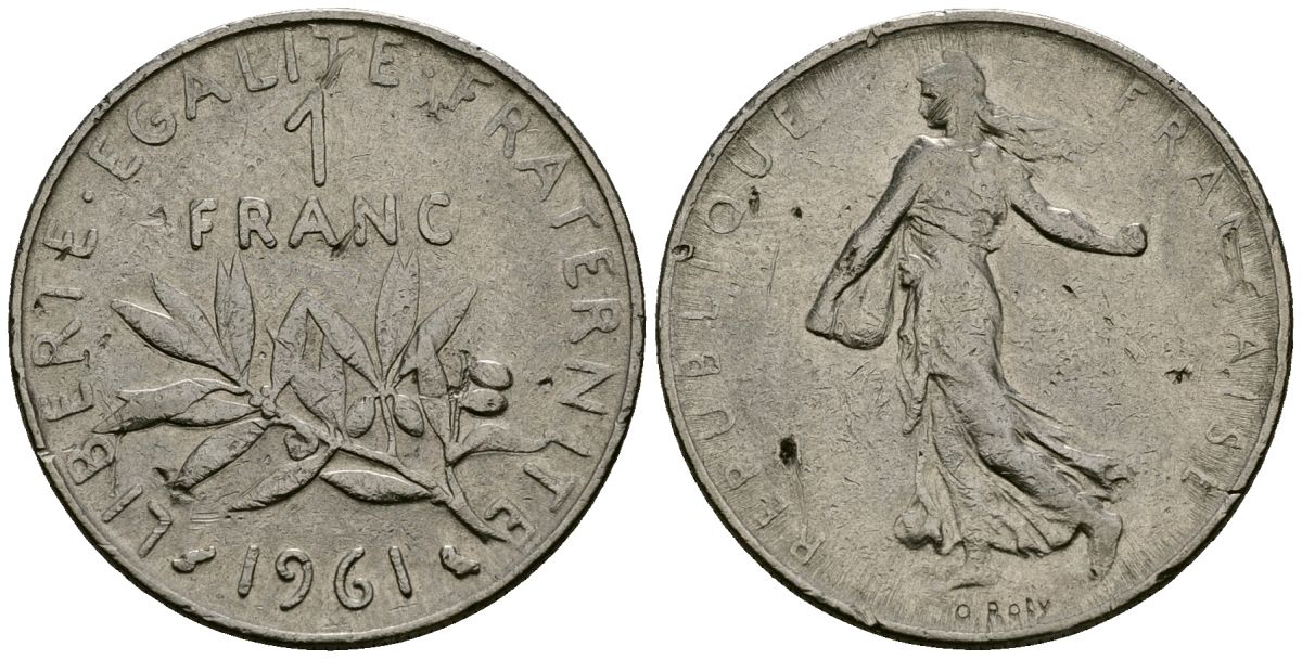 Франция 1 франк 1961 сеятель KM 925 никель 4135-822