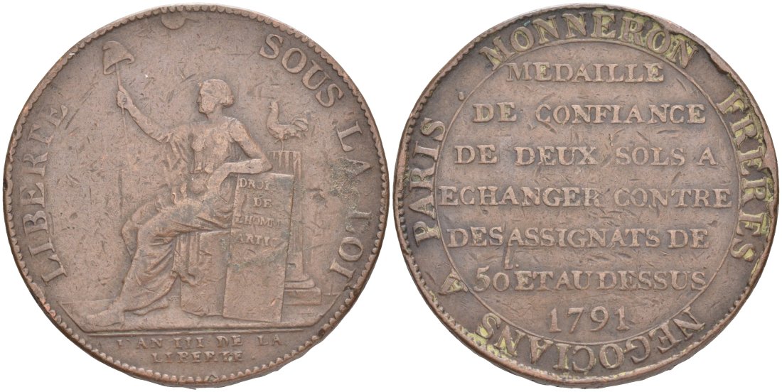 Франция 2 соля (су) 1791 LAN III, революции, токен, MONNERON FRERES NEGOCIANS A PARIS (Торговцы братья Моннерон. Париж) KM Tn23, Guilloteau 233 бронза 189-516