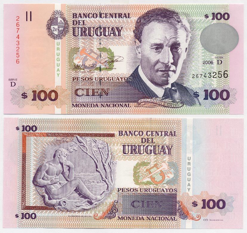 Уругвай 100 песо 2006 Эдуардо Фабини, композитор Pick 85 A бумага UNC (пресс) 447-86-4-3