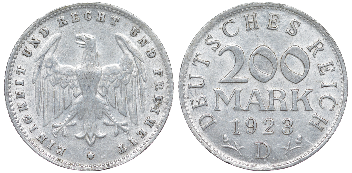 Германия 200 марок 1923 D KM 35, J. 304, Weege 22 алюминий 4604-555