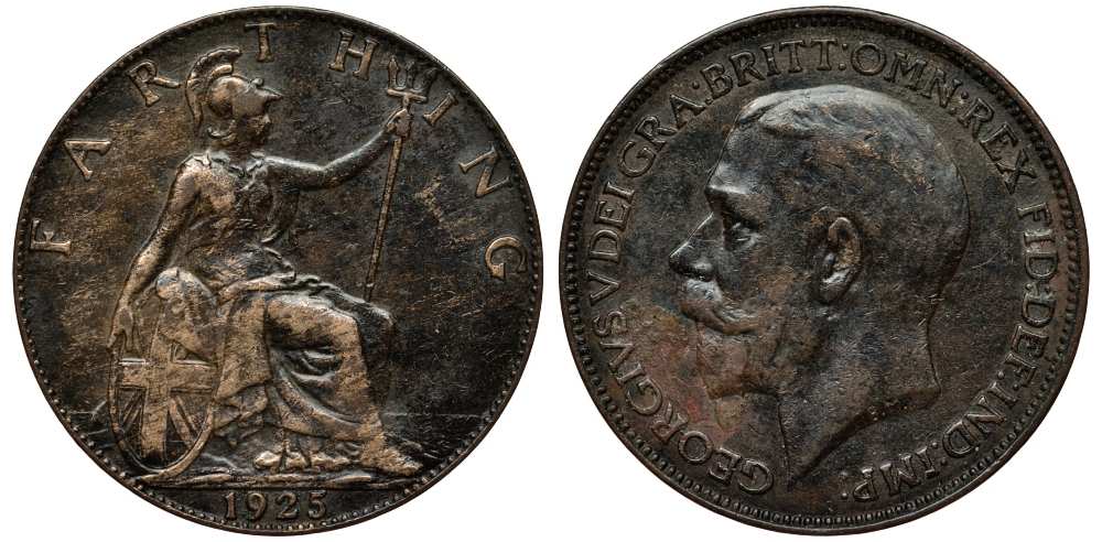 Великобритания 1 фартинг 1925 Георг V (1910-1936) KM 808.2, Spink 4060 бронза 1518-225