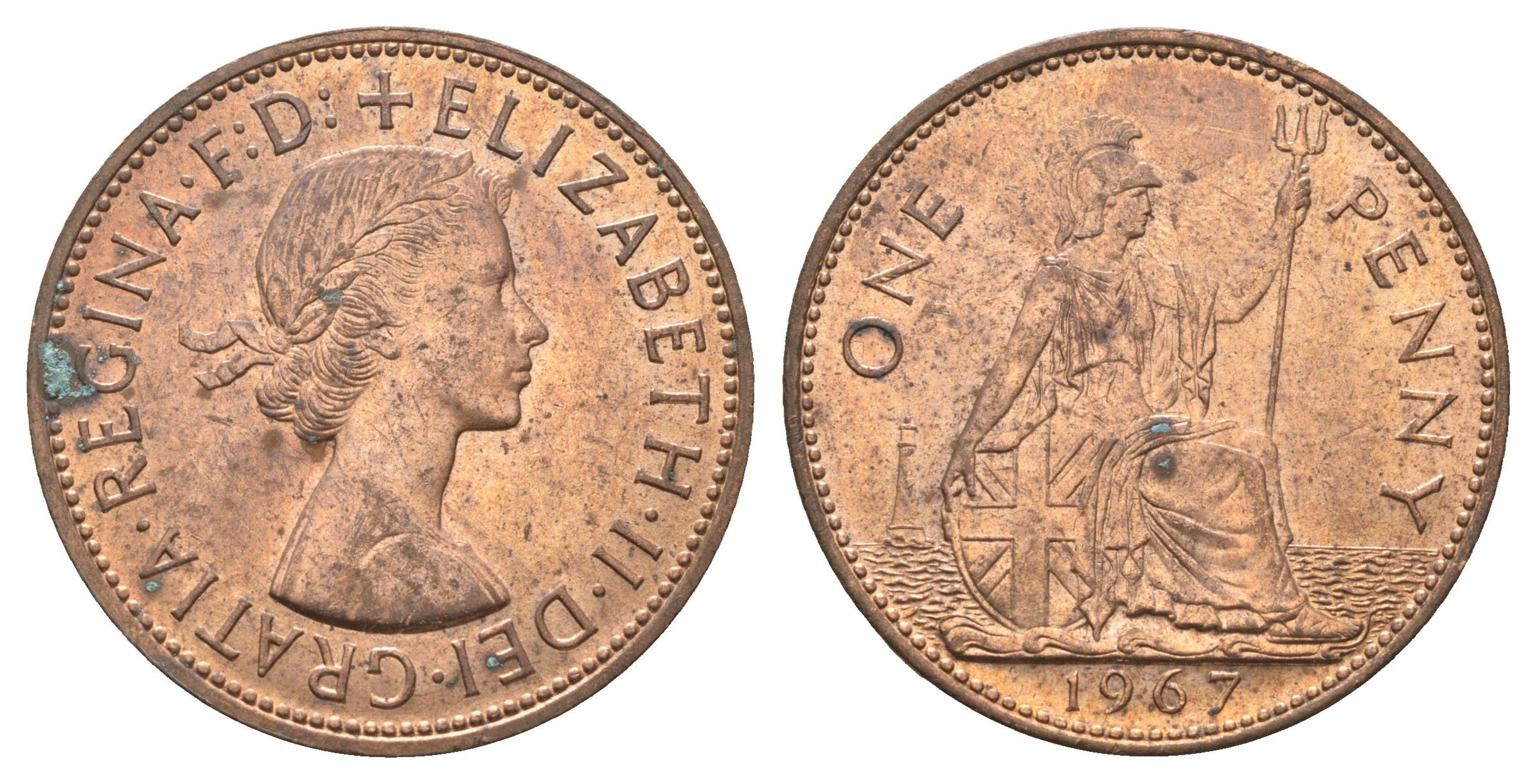 Великобритания 1 пенни 1967 Елизавета II (1952-2022) KM 897, Spink 4157 бронза UNC 4661-1015