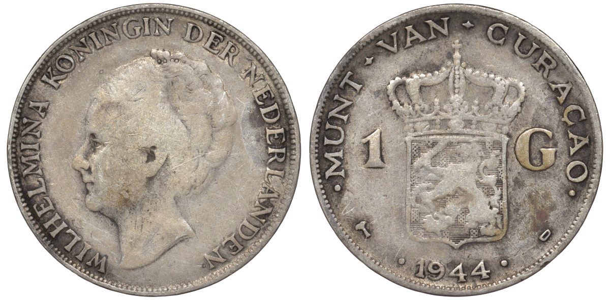 Нидерландское Кюрасао 1 гульден 1944 D, Вильгельмина (1890-1948) KM 45 серебро 36-234