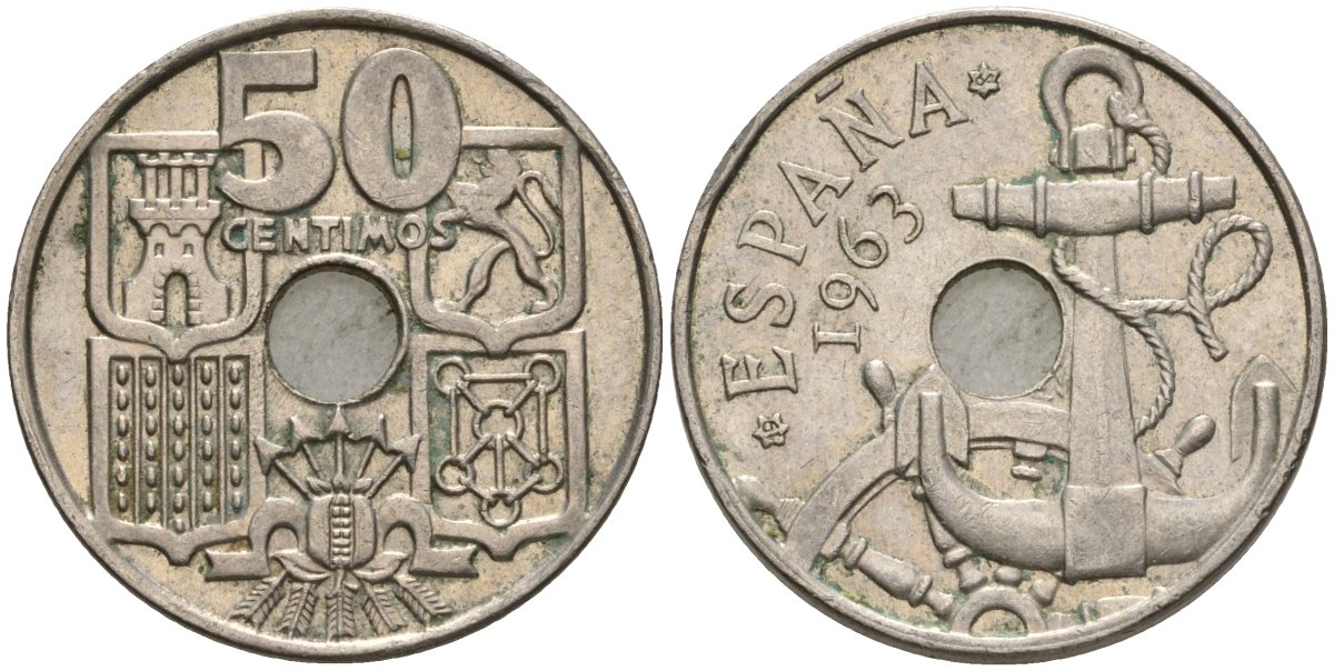 Испания 50 сентимо 1963 (64) Франсиско Франко (1939-1975) KM 777 медно-никель 4604-536