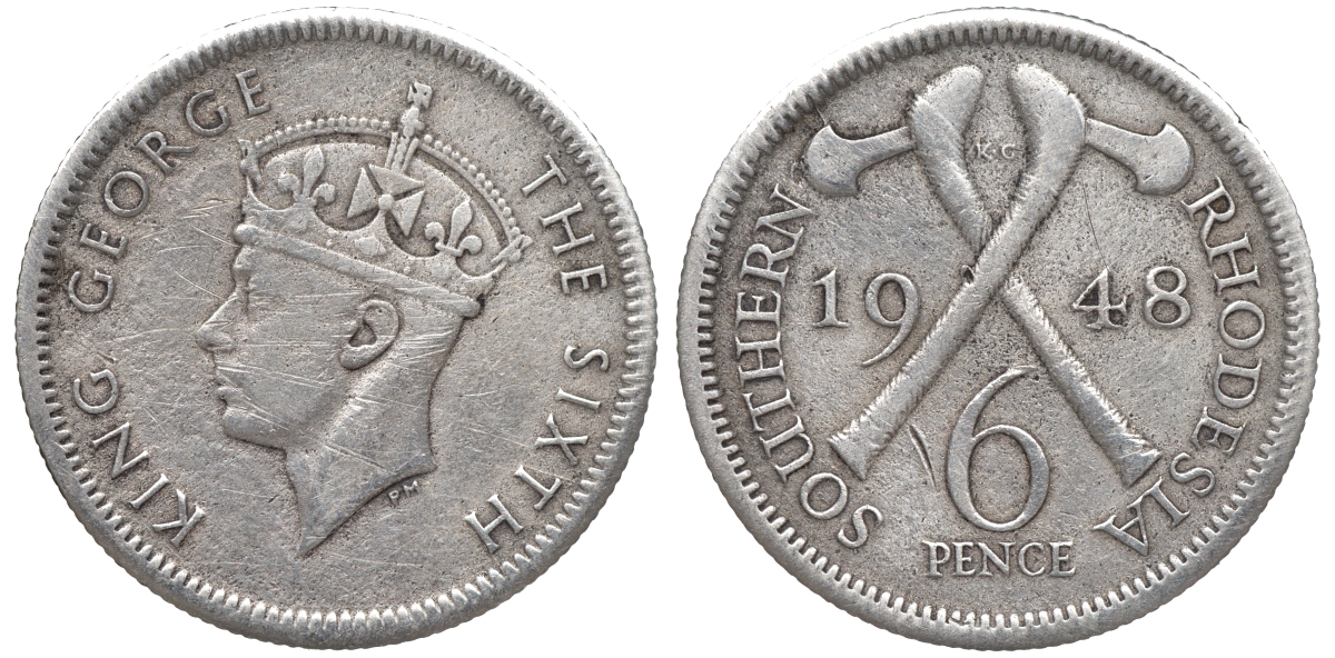 Британская Южная Родезия 6 пенсов 1948 Георг VI (1937-1952) KM 21 медно-никель 4610-1014