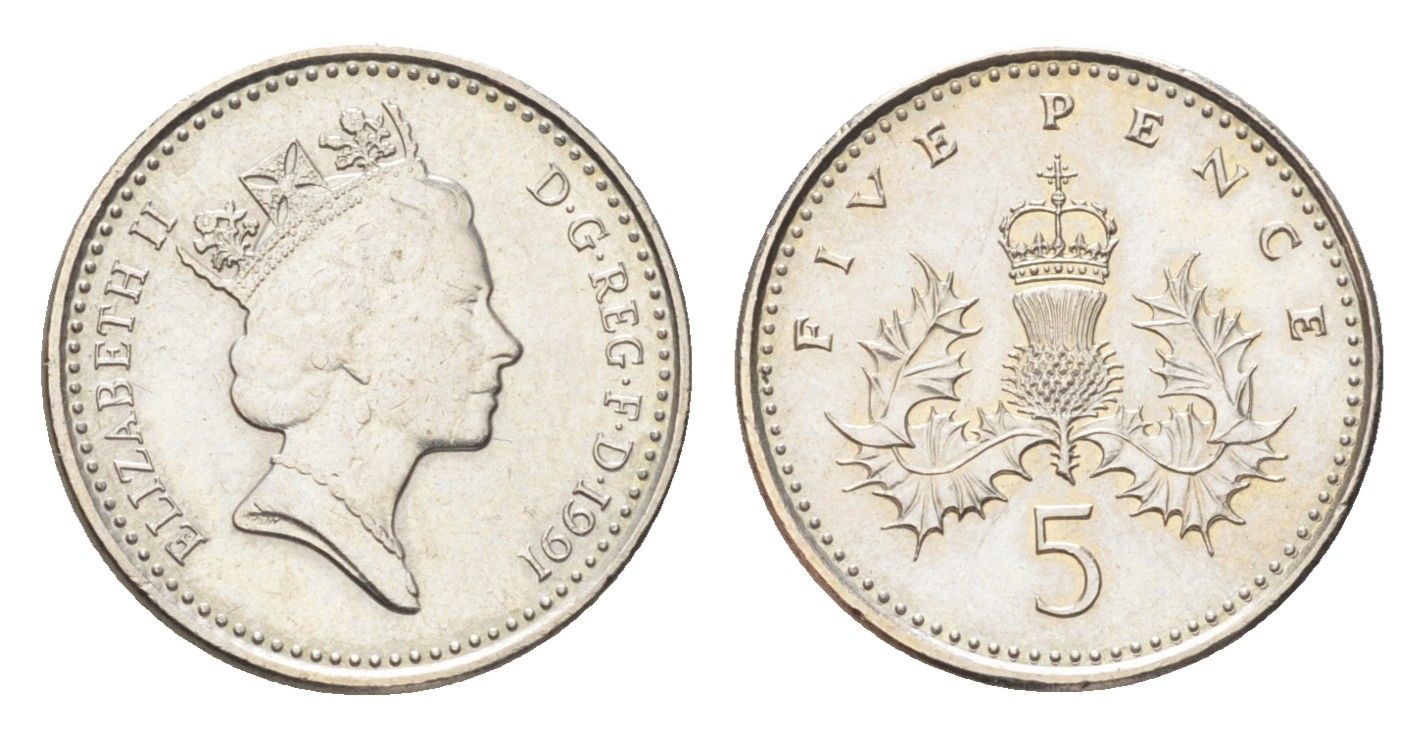 Великобритания 5 пенсов 1991 Елизавета II (1952-2022) KM 937b, Spink 4372 (D4) медно-никель UNC 4705-429