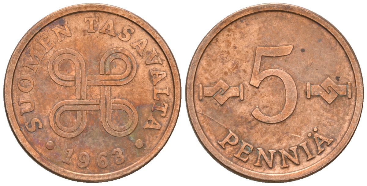 Финляндия 5 пенни 1963 KM 45 медь 4174-759