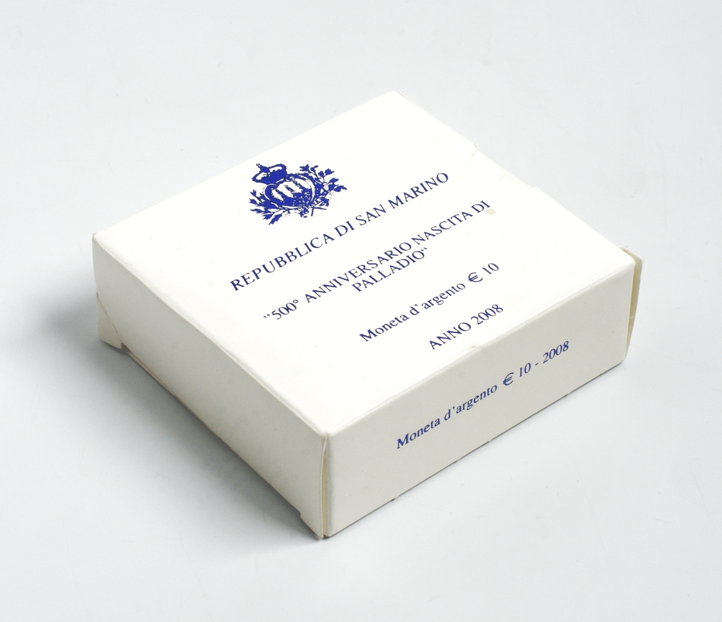 Сан-Марино 10 евро 2008 500 лет Андреа Палладио, в оригинальной коробке, сертификат KM 514 серебро PROOF 4-3-4-37