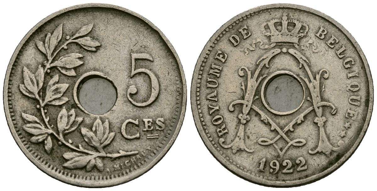 Бельгия 5 сантимов 1922 Belgique KM 66 медно-никель 4173-514