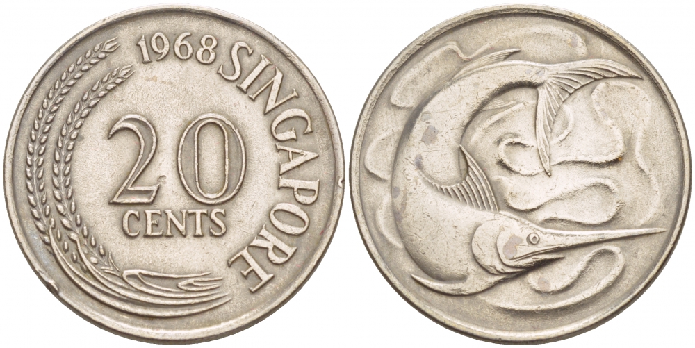 СИНГАПУР 20 ЦЕНТОВ 1968 ГОЛУБОЙ МАРЛИН, ТУНЕЦ KM 4 медно-никель 4548-351