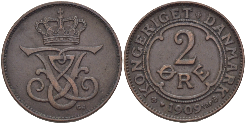 ДАНИЯ 2 ЭРЕ 1909 VBP; GJ, ФРЕДЕРИК VIII KM 805 бронза 28-341