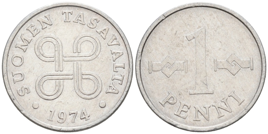 Финляндия 1 пенни 1974 KM 44а алюминий 192-1262