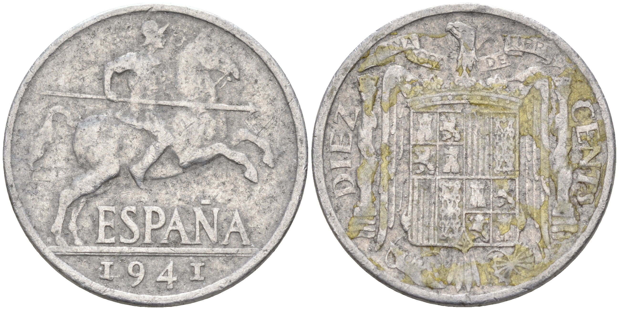 ИСПАНИЯ 10 СЕНТИМО 1941 РЫЦАРЬ НА КОНЕ KM 766 алюминий 4589-855