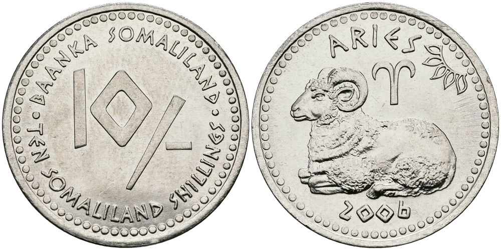Сомалиленд 10 шиллингов 2006 СЕРИЯ ЗНАКИ ЗОДИАКА, ОВЕН KM NEW никелированная сталь UNC 540-841