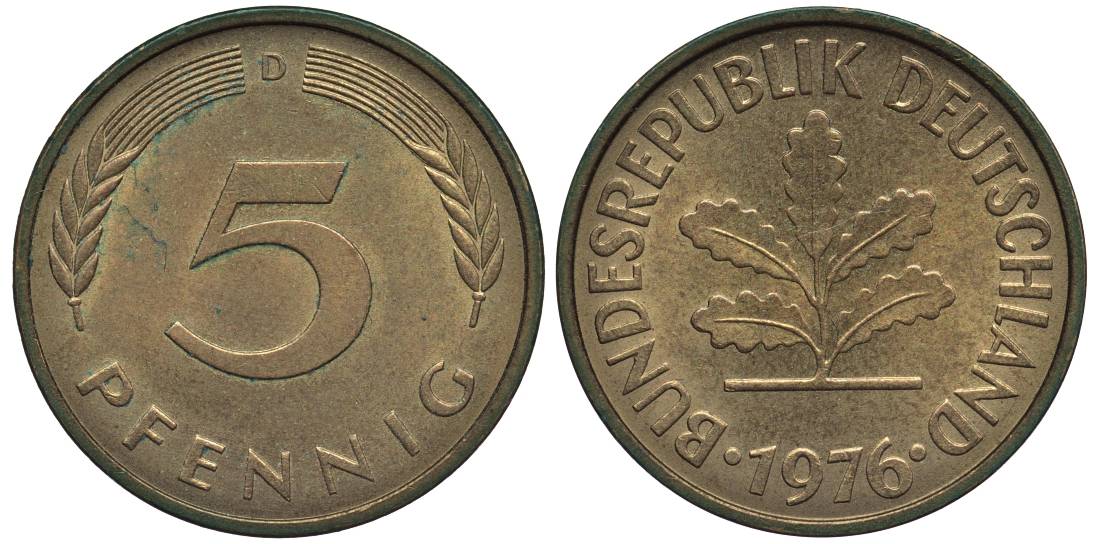 ФРГ 5 ПФЕННИГОВ 1976 D KM 107, Jager 382 сталь плакированная латунью 4547-752