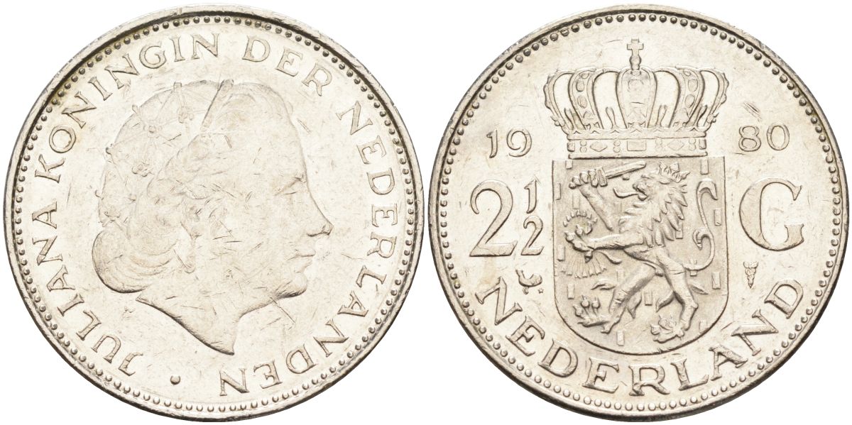 Нидерланды 2 1/2 гульдена 1980 Юлиана (1948-1980) KM 191 никель 4593-711
