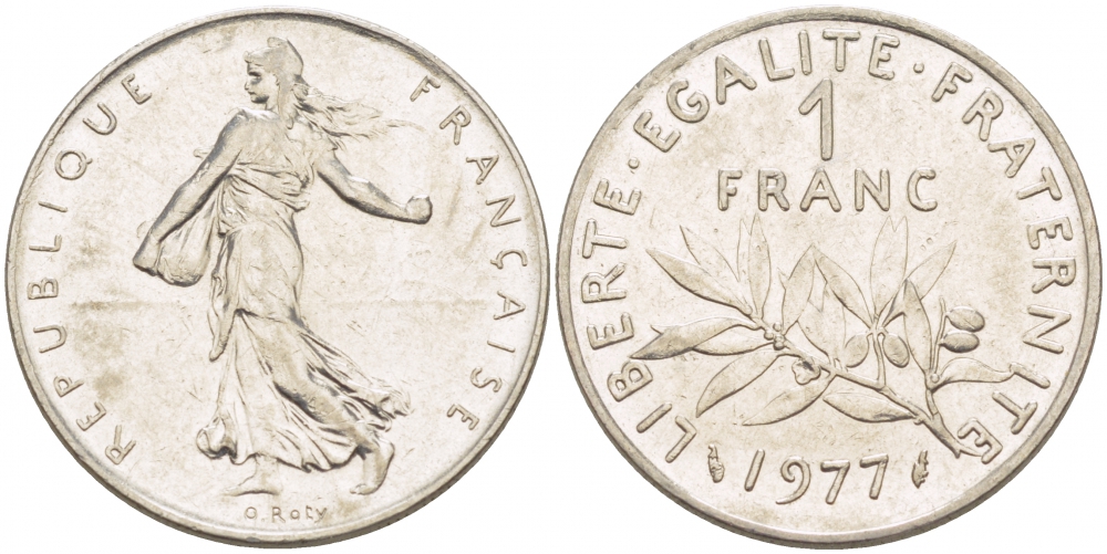 ФРАНЦИЯ 1 ФРАНК 1977 СЕЯТЕЛЬ KM 925.1, LE FRANC 226.22 никель 77-922