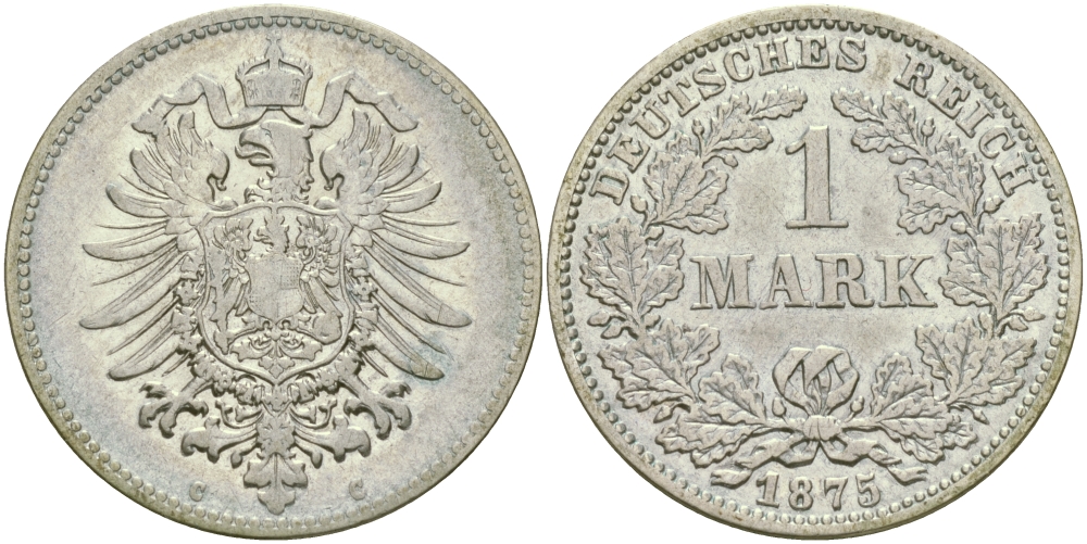 Германия 1 марка 1875 C Weege 17, J. 9, KM 7 серебро 98-1252