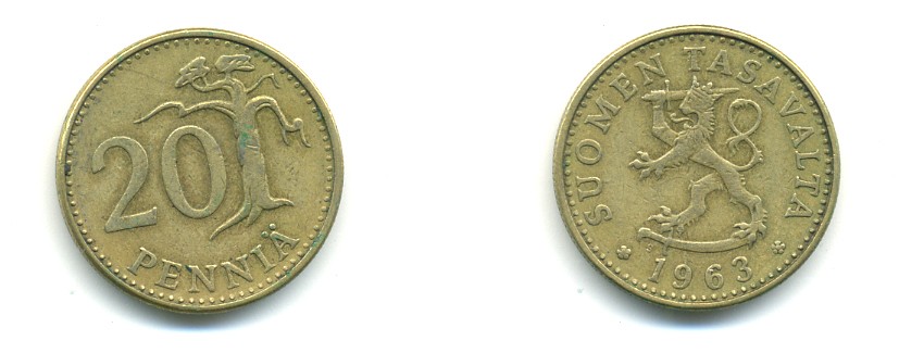 ФИНЛЯНДИЯ 20 ПЕННИ 1963 S KM 47 алюминиевая бронза 80-435