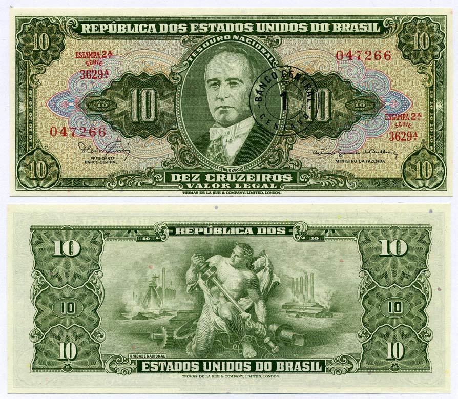 БРАЗИЛИЯ 1 СЕНТАВО 1967 НАДПЕЧАТКА НА 10 КРУЗЕЙРО. ЖЕТУ ЛИУ ВАРГАС, ESTAMPA 2A, СЕРИЯ 3629 Pick 183b бумага UNC (ПРЕСС) 8611-36-3-1