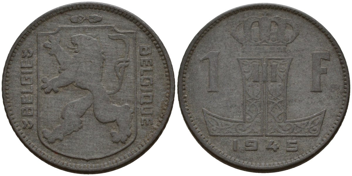 Бельгия 1 франк 1945 Belgie - Belgique, Леопольд III (1934-1947), германская оккупация, Вторая мировая война KM 128 цинк 4161-612