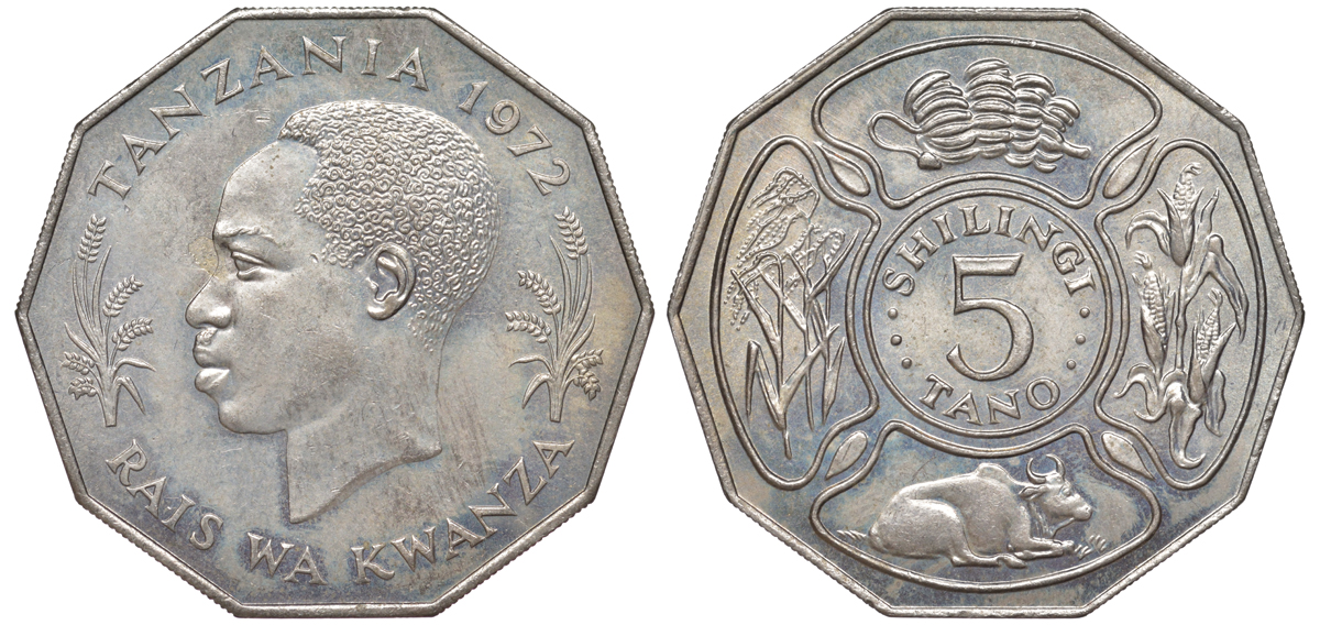 Танзания 5 шиллингов 1972 буйвол, бананы, кукуруза KM 6 медно-никель 4531-525
