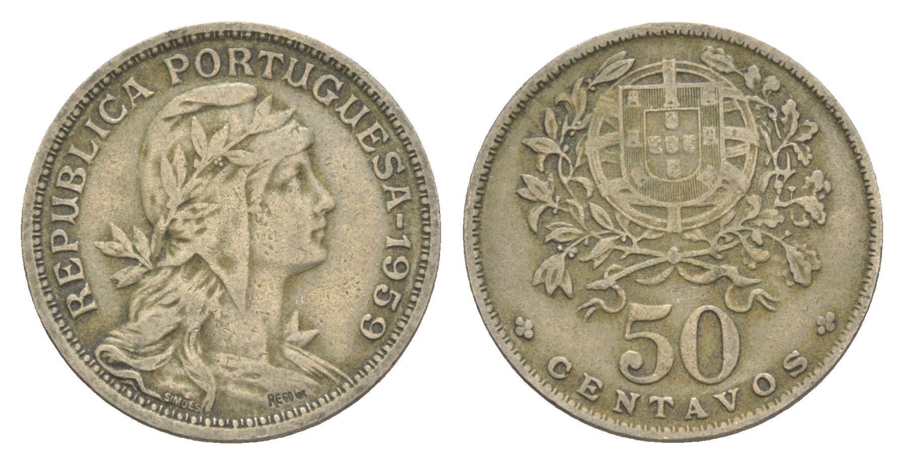 Португалия 50 сентаво 1959 голова Свободы вправо KM 577 никель латунь 4388-225