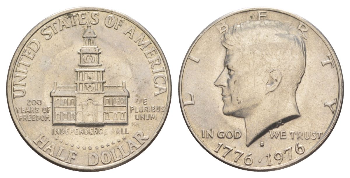 США 1/2 доллара (50 центов) 1976 D, 200 лет независимости, Джон Кеннеди KM 205 медь плакированная медно-никелем aUNC 4545-1131
