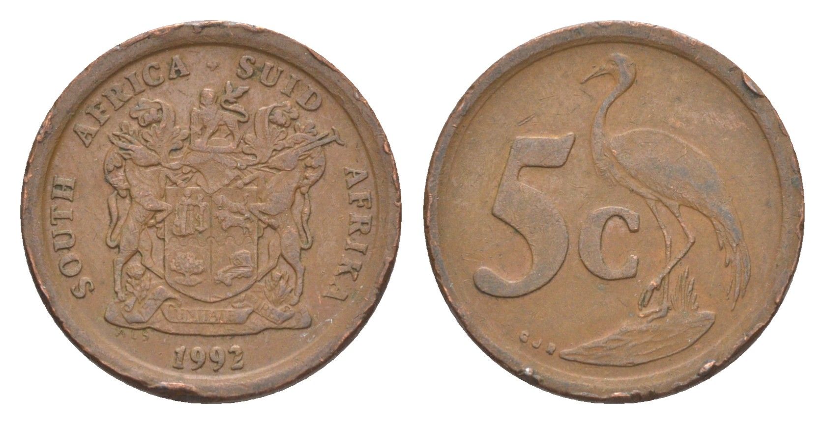 ЮАР 5 центов 1992 герб, райский журавль KM 134 сталь плакированная медью 4621-521
