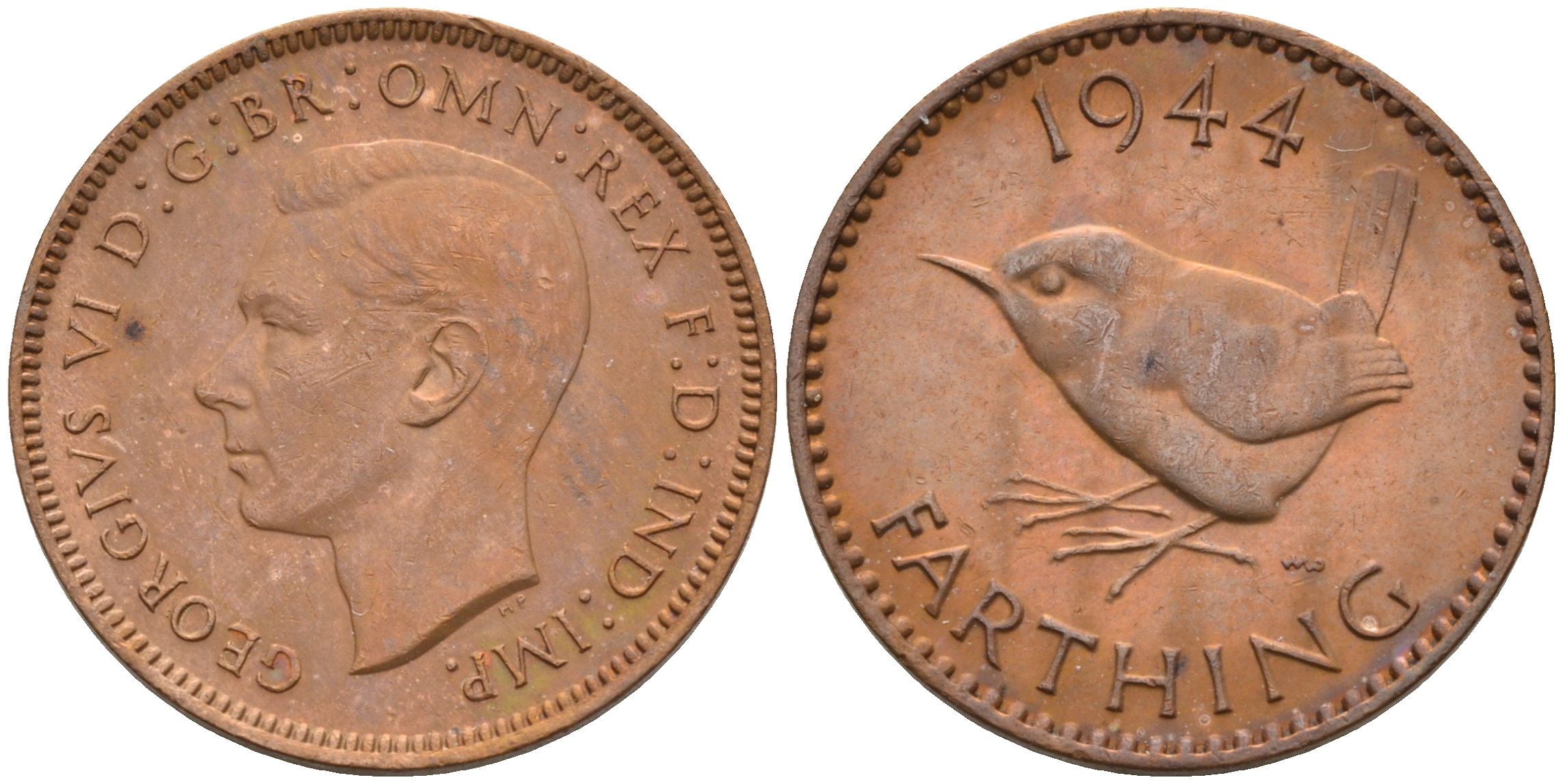 Великобритания 1 фартинг 1944 Георг VI (1936-1952) KM 843, Spink 4116 бронза UNC 4594-127