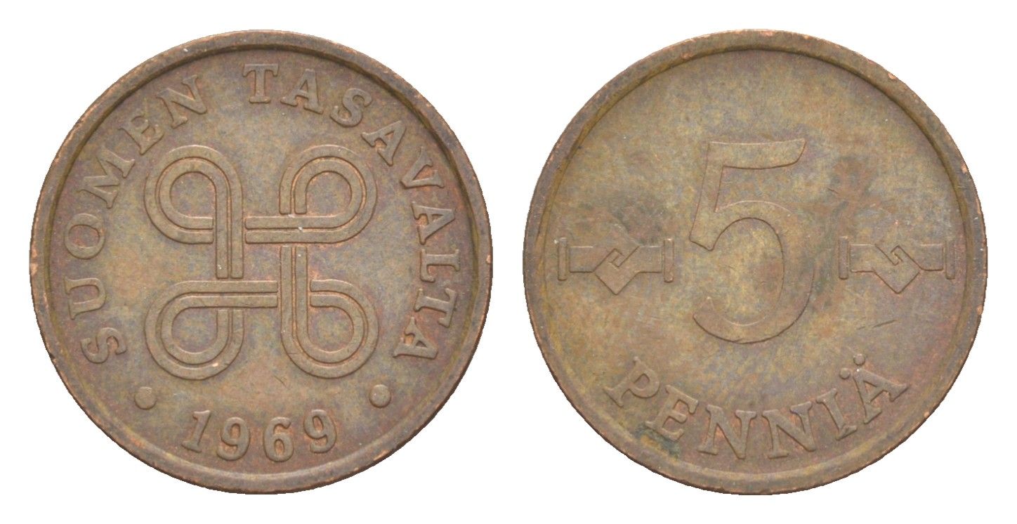 Финляндия 5 пенни 1969 KM 45 медь 4647-259