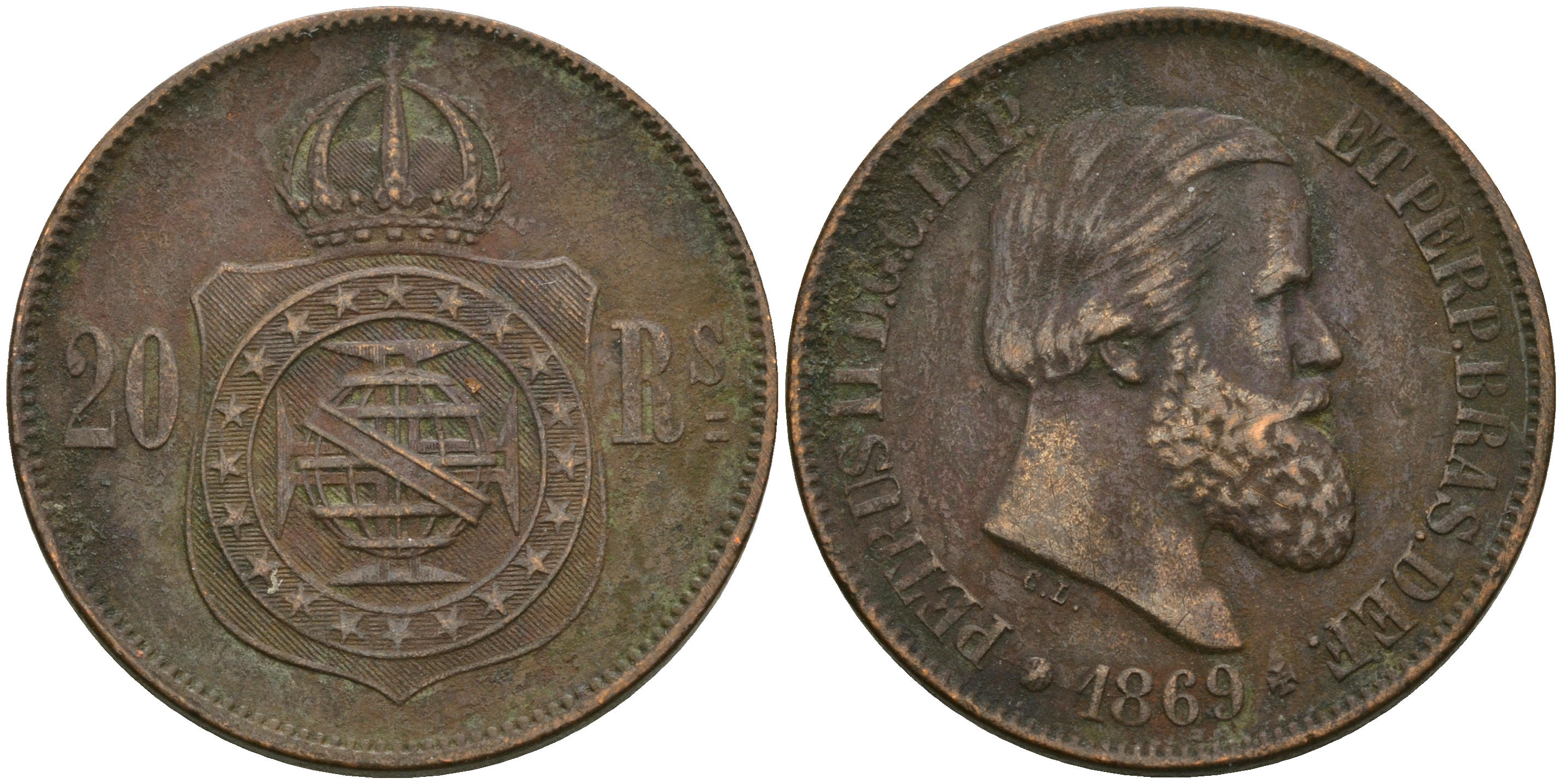 Бразилия 20 рейсов 1869 Педро II (1831-1889) KM 474 бронза 92-824